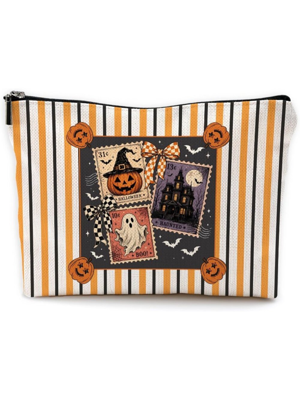 🎃Orange Stripes Spooky Halloween Ghost Fall Makeup Pouch Travel Toiletry Bag